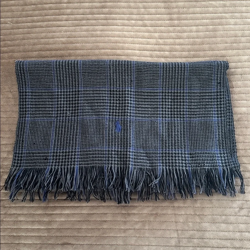 Polo Ralph Lauren Gray Blue Herringbone Plaid Fringed Wool Scarf